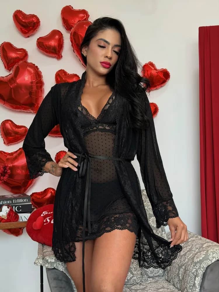Kit Karina No Tule Poa Camisola Calcinha Robe 1