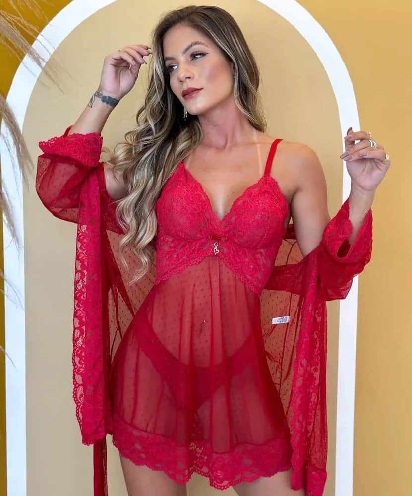 Kit Karina No Tule Poa Camisola Calcinha Robe 4