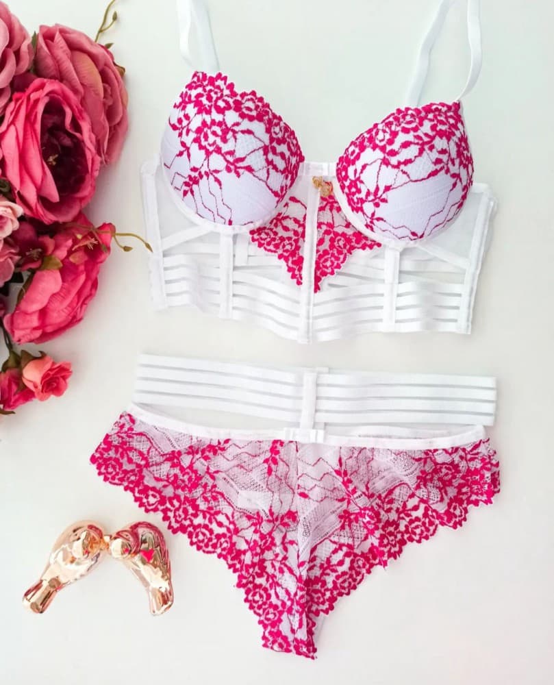 CONJUNTO BARBATANA STEFANI - Branco c/ pink