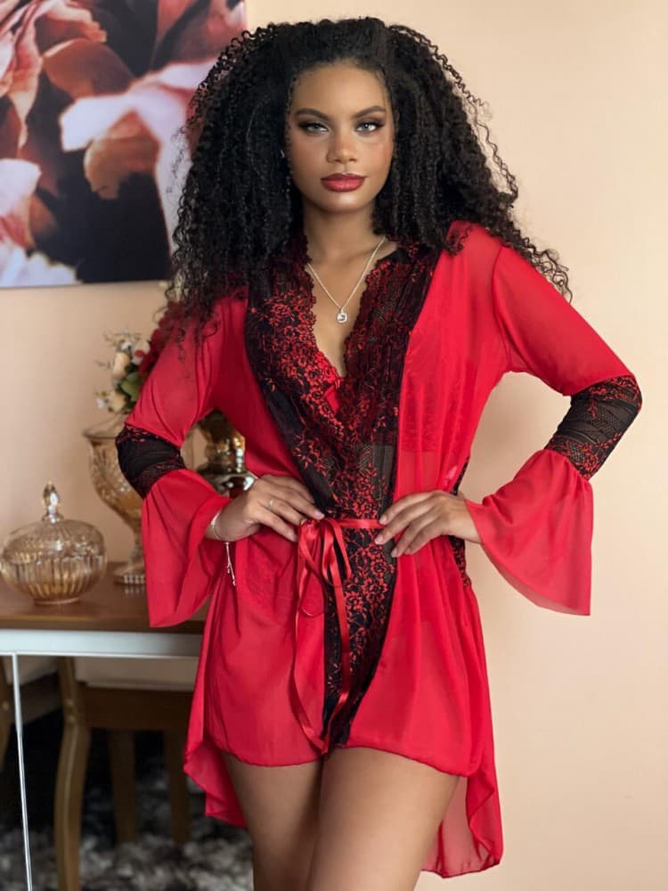 ROBE TULE BICOLOR CLAUDIA - Vermelho c/preto (somente robe - NÃO INCLUSO conjunto, NÃO INCLUSO camisola)) 1