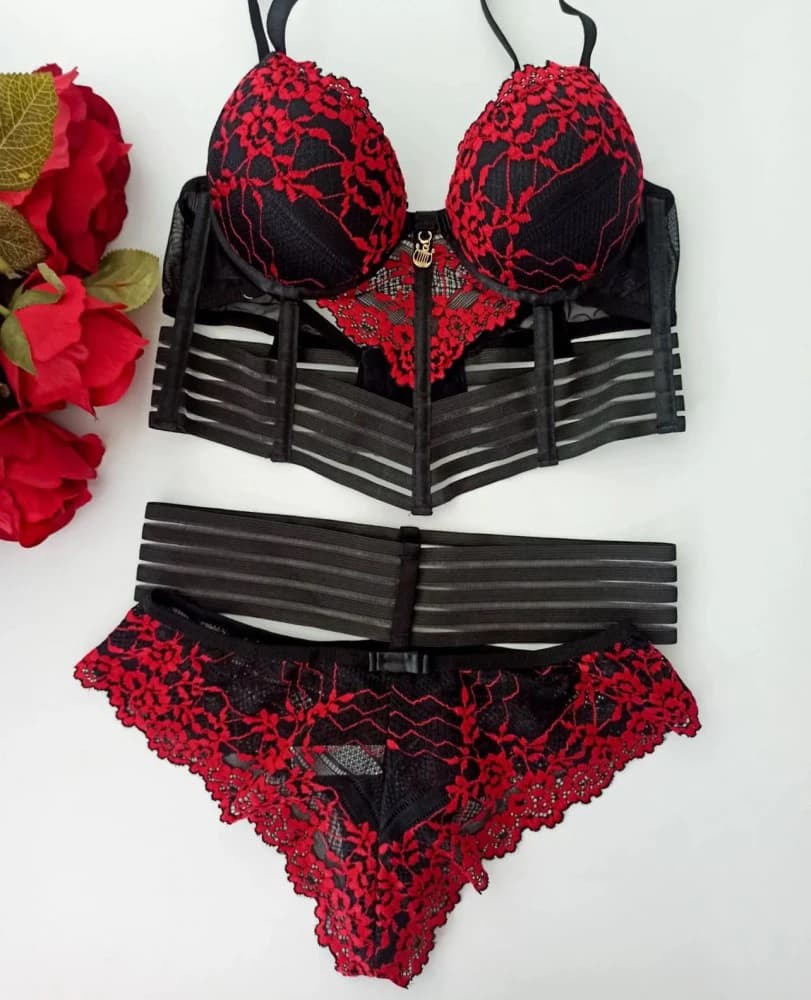 CONJUNTO BARBATANA STEFANI - Preto c/ vermelho