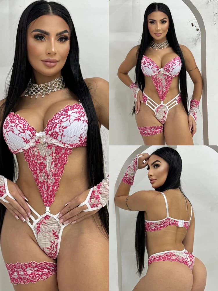 BODY SENSUAL EMANUELLA - Branco c/rosa (acompanha perneira + luvinha)