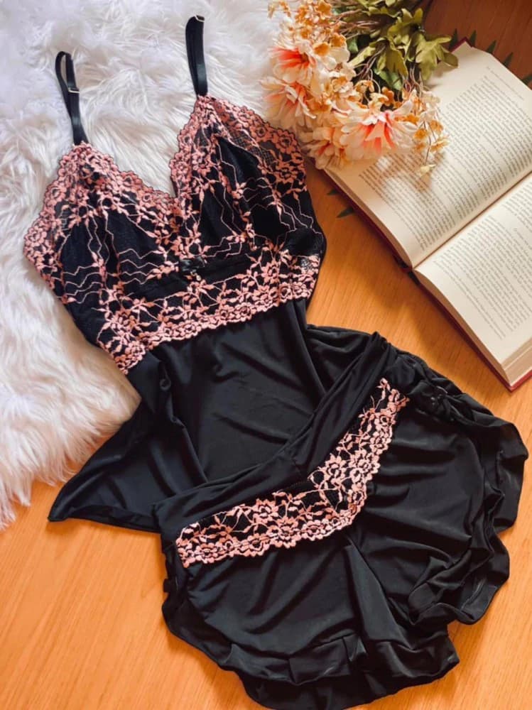 BABY DOLL ULTRA LUXO FLUFLU - Preto c/ rose