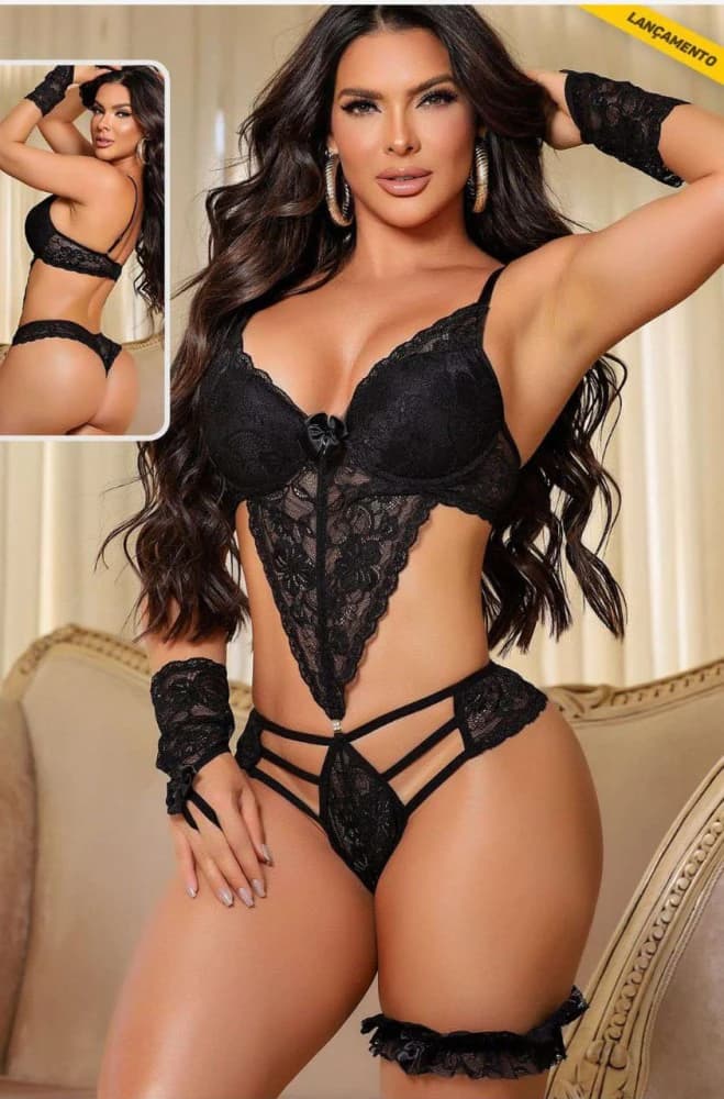 BODY SENSUAL EMANUELLA - PRETO = (acompanha perneira + luvinha)