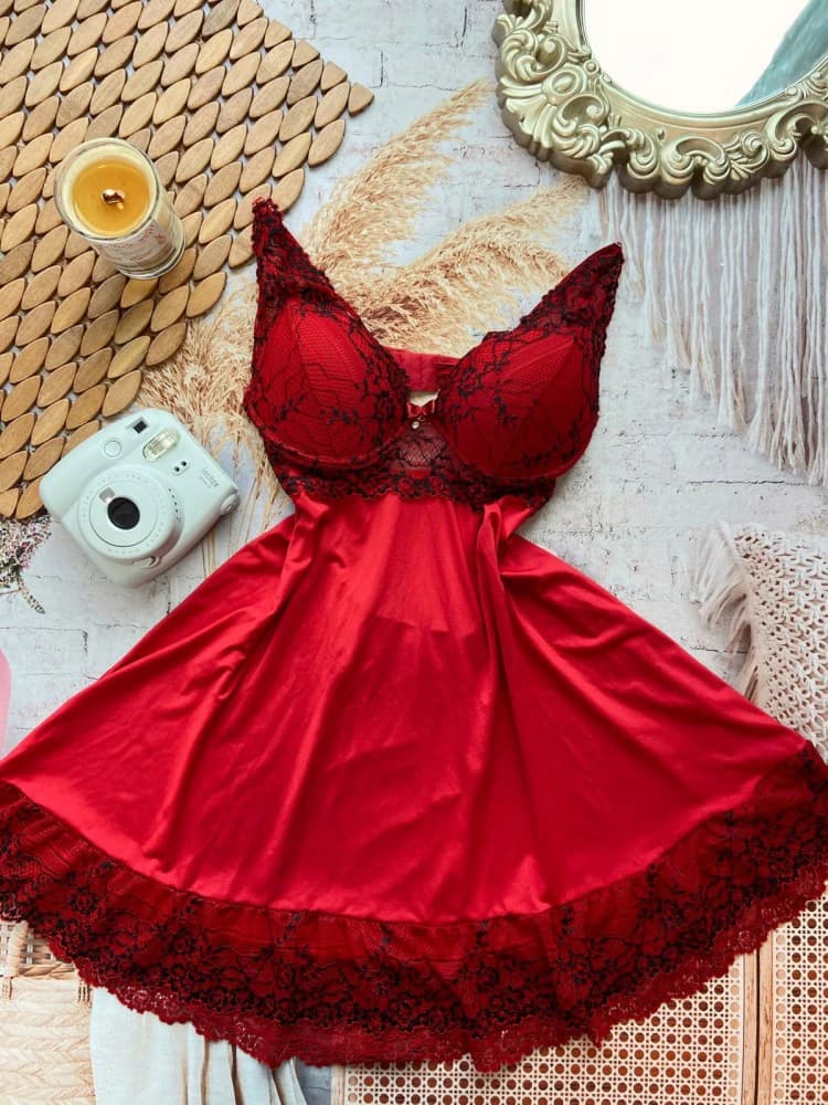 CAMISOLA LUXO +CALCINHA VIVIANE - Vermelho c/ preto 2