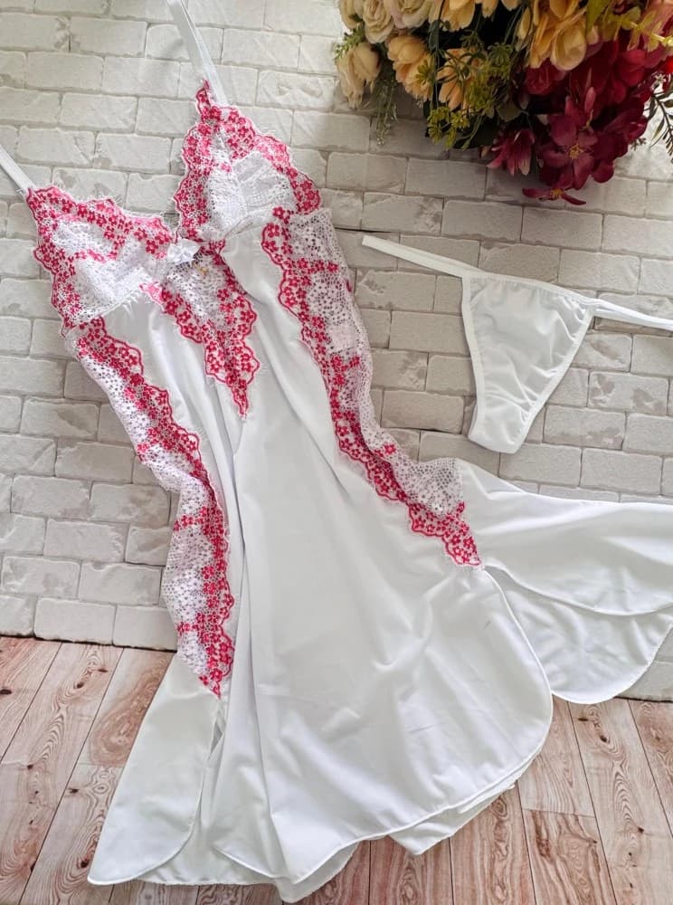 CAMISOLA S/BOJO + Calcinha MARA - Branca c/pink 5