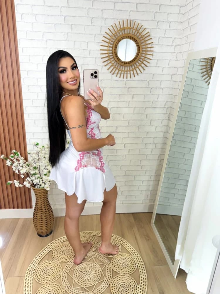 CAMISOLA S/BOJO + Calcinha MARA - Branca c/pink 4