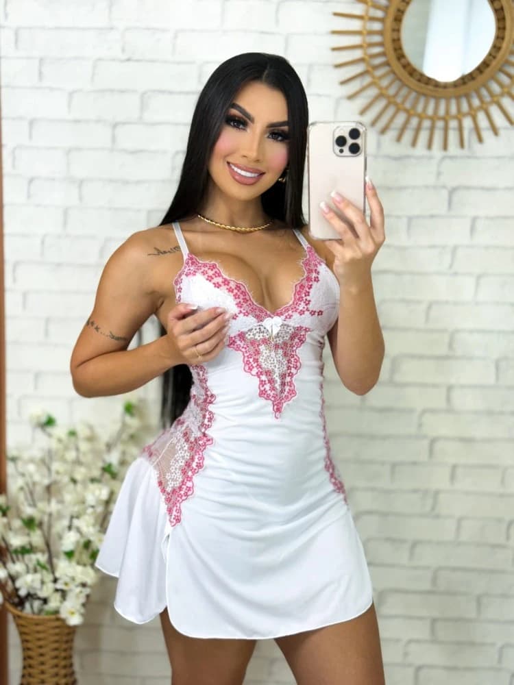 CAMISOLA S/BOJO + Calcinha MARA - Branca c/pink