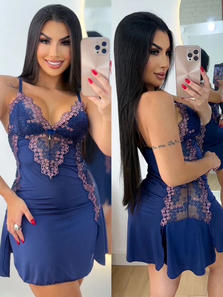 CAMISOLA S/BOJO + Calcinha MARA - Azul marinho