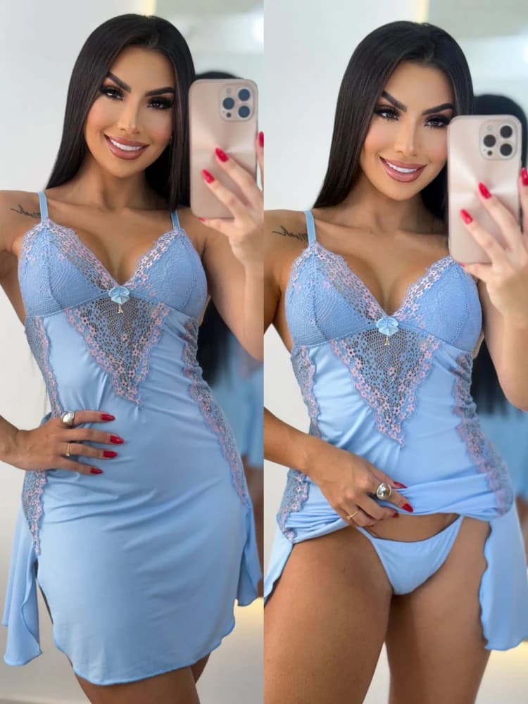 CAMISOLA S/BOJO + Calcinha MARA - Azul bb c/rose