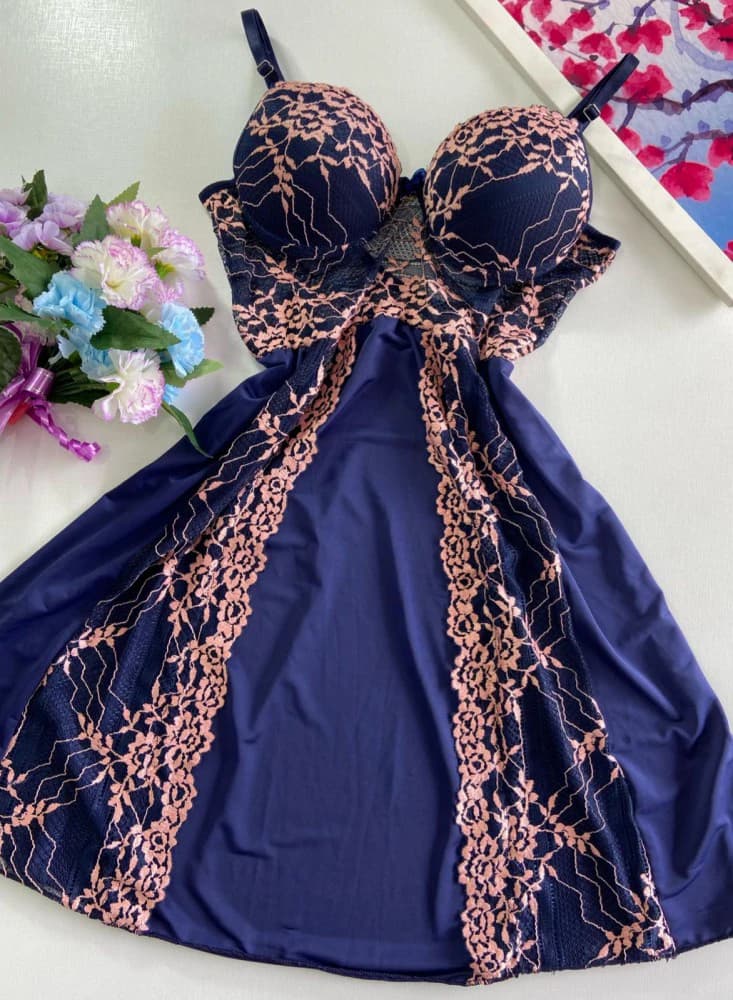 CAMISOLA C/BOJO + CALCINHA CECILIA - MARINHO C/ROSE 1