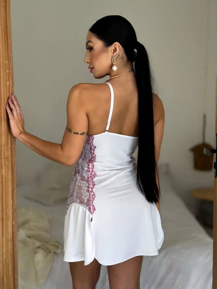 CAMISOLA S/BOJO + Calcinha MARA - Branca c/pink 3