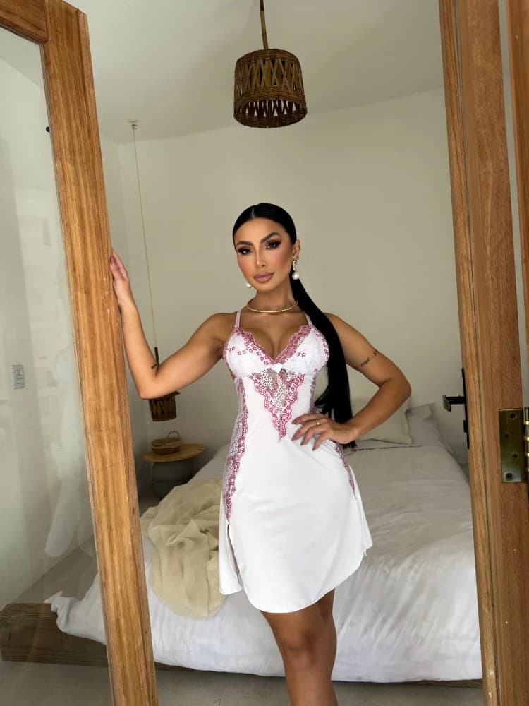 CAMISOLA S/BOJO + Calcinha MARA - Branca c/pink 2