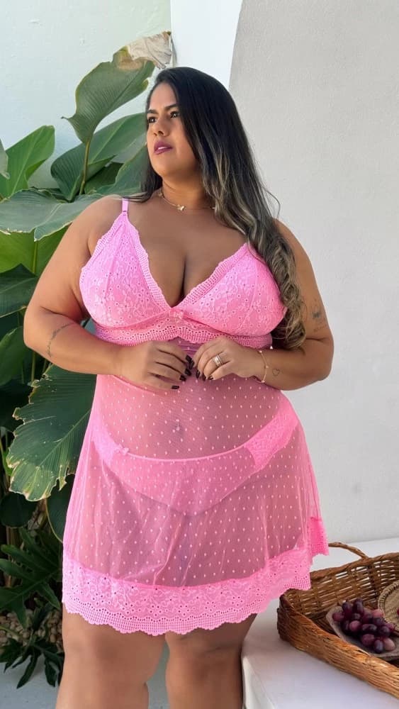 CAMISOLA S/BOJO TULE POÁ PLUS SIZE MARINA + CALCINHA - ROSA PANTERA