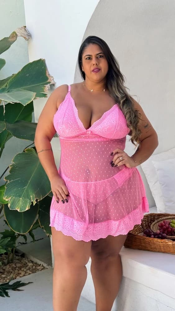 CAMISOLA S/BOJO TULE POÁ PLUS SIZE MARINA + CALCINHA - ROSA PANTERA 2