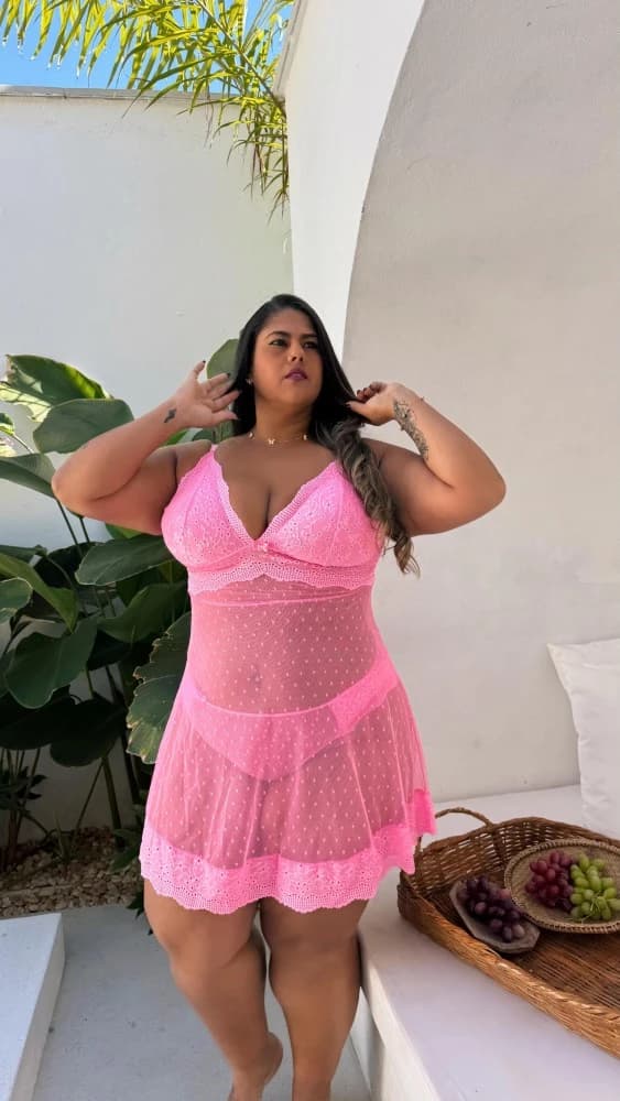CAMISOLA S/BOJO TULE POÁ PLUS SIZE MARINA + CALCINHA - ROSA PANTERA 1