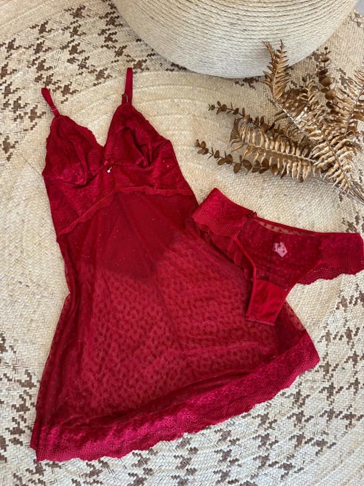 CAMISOLA S/BOJO TULE POÁ PLUS SIZE MARINA + CALCINHA - VERMELHA