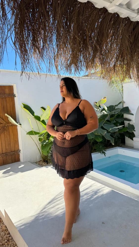 CAMISOLA S/BOJO TULE POÁ PLUS SIZE MARINA + CALCINHA - PRETA
