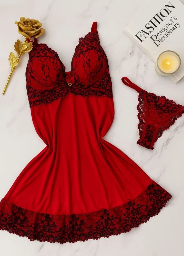 CAMISOLA LUXO +CALCINHA VIVIANE - Vermelho c/ preto 1