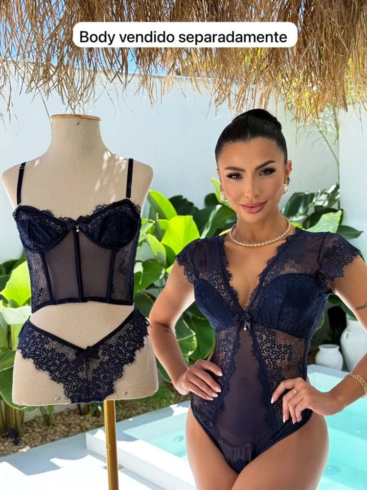 CORSELET DE RENDA + CALCINHA - Azul marinho (renda de cilios) 3