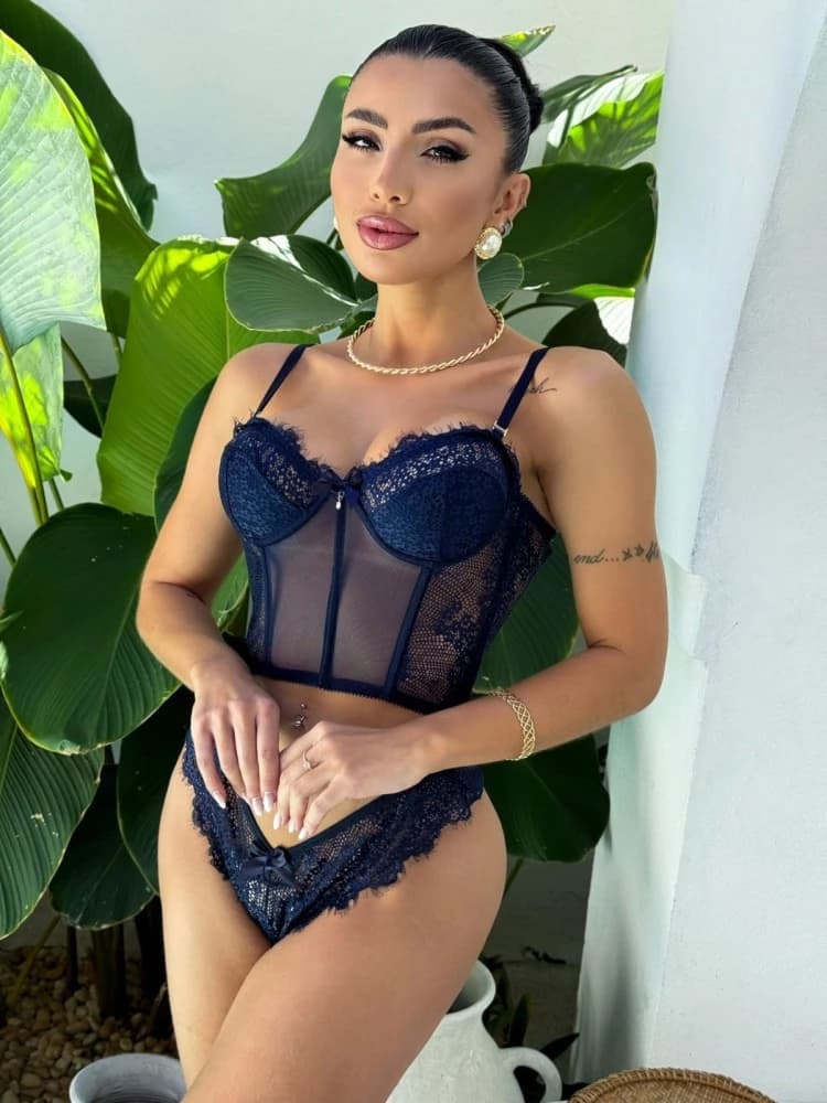 CORSELET DE RENDA + CALCINHA - Azul marinho (renda de cilios)