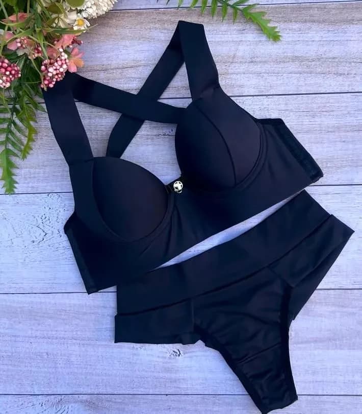 CONJUNTO MICROFIBRA ALÇA TRANÇADA - PRETO