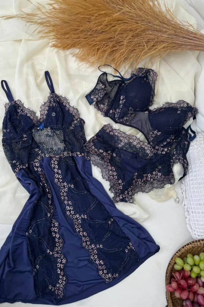 KIT CAMISOLA S/BOJO CECILIA + CONJ C/BOJO CHARLOTTE - AZUL MARINHO C/ROSE