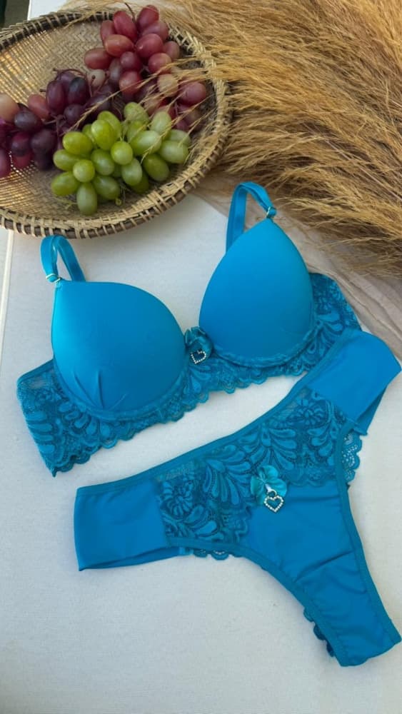 CONJUNTO PINGENTE CORAÇÃO BRIELA - Azul turquesa