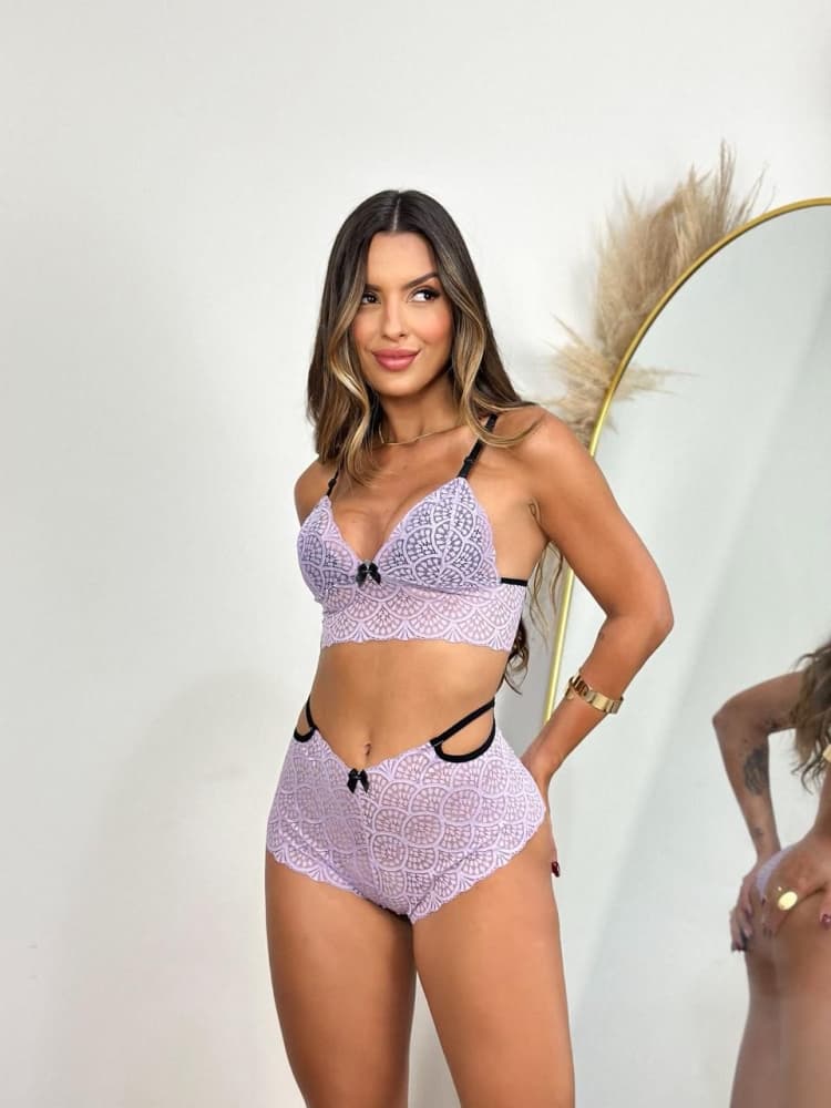 CONJ. S/BOJO RENDADO ISABELA- LILÁS C/DETALHE PRETO