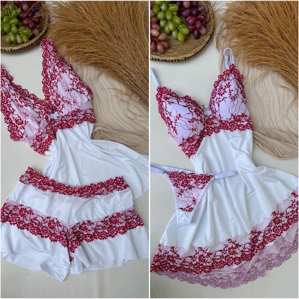 KIT CAMISOLA C/BOJO VIVIANE + BABY DOOL FABIANA - BRANCO