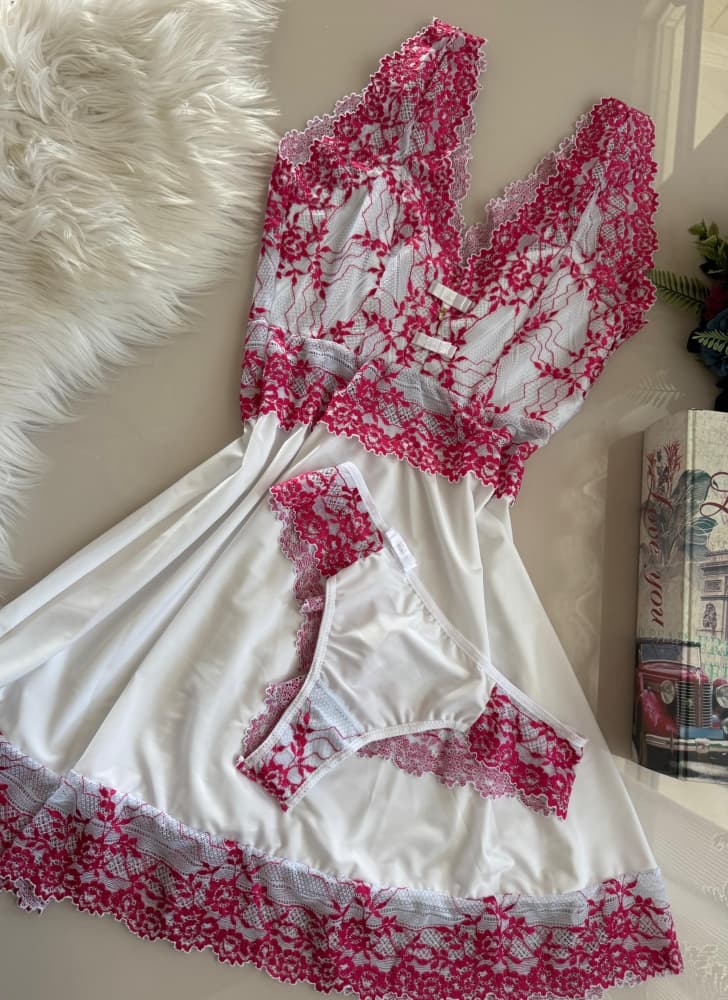 CAMISOLA S/BOJO + CALCINHA RENDA BICOLOR CASSANDRA - BRANCO C/PINK