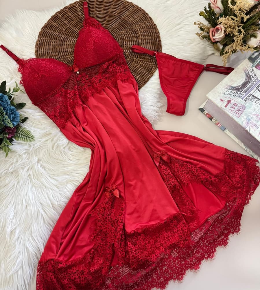 CAMISOLA C/ BOJO ULTRALUXO VERÔNICA + CALCINHA- Vermelho