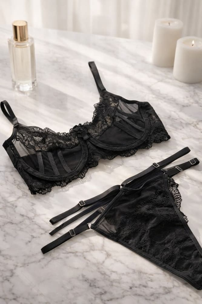 CONJUNTO S/ BOJO TULE SENSUAL ANDREA - Preto