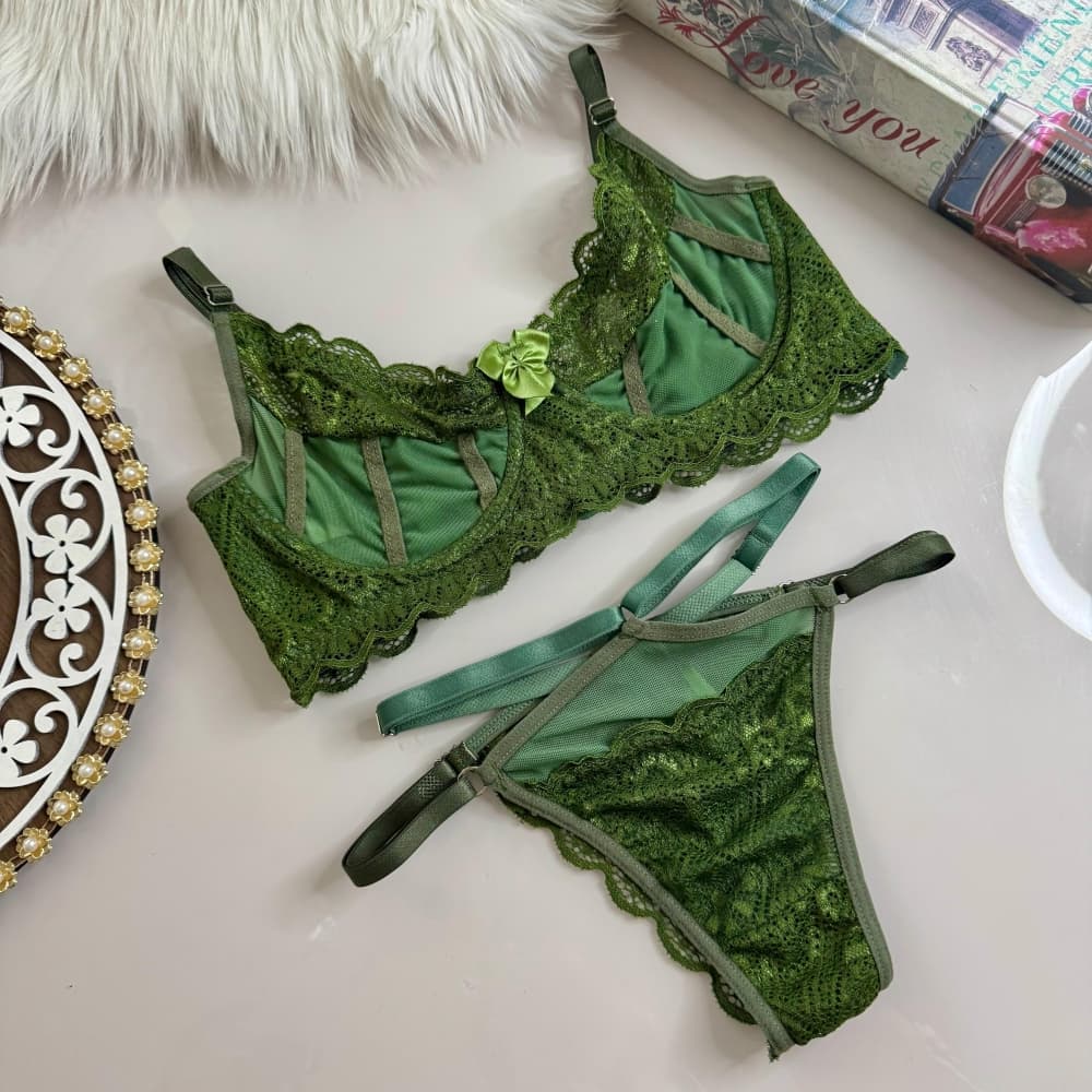 CONJUNTO S/ BOJO TULE SENSUAL ANDREA - Verde Militar 1