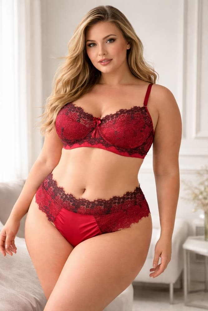 CONJUNTO PLUS SIZE S/BOJO BICOLOR COM ARO - Vermelho c/preto