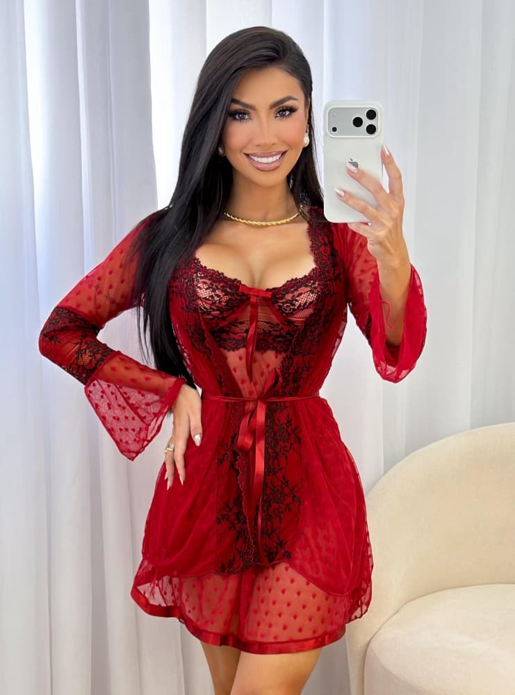 ROBE TULE BICOLOR CLAUDIA - Vermelho c/preto (somente robe - NÃO INCLUSO conjunto, NÃO INCLUSO camisola))