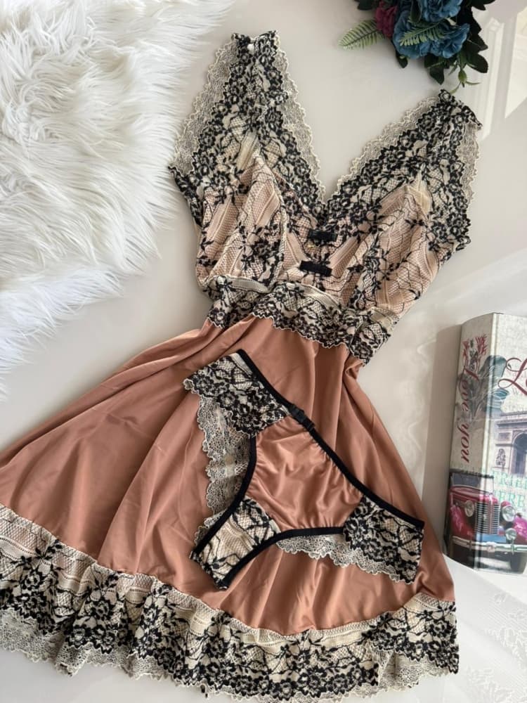 CAMISOLA S/BOJO + CALCINHA RENDA BICOLOR CASSANDRA 4